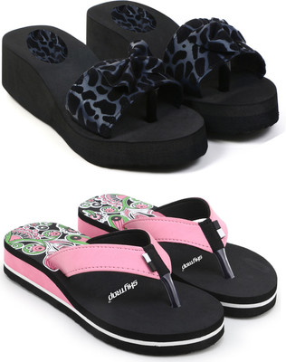 Feens Women Stylish Comfortable Trending Light Weight Printed Super Soft Flipflop Pack of 2 Slippers(Blue, Pink , 6)