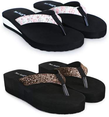 TWO SOFT Women Combo Pack Of 2 Women Slipper Stylish Casual Light & Soft Comfortable Daily Wear Slippers(Black, Gold , 7)