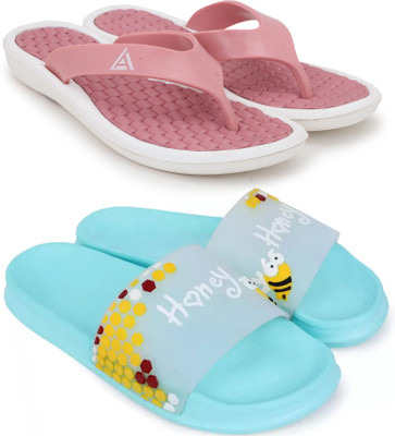 Kapani Fashion Women Women Combo Pack of 2 Lightweight Flipflops, Slipper, Slides (Pink, Blue , 4) Slippers(Pink, Blue , 4)