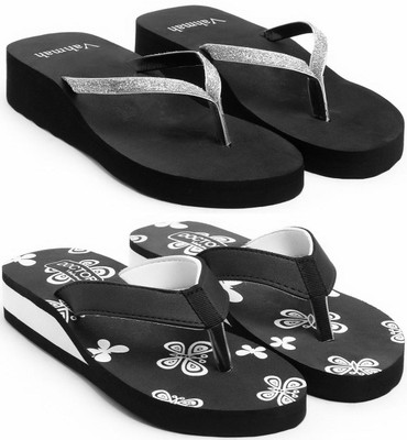 VAHMAH Women Slippers(Silver, Black , 8)