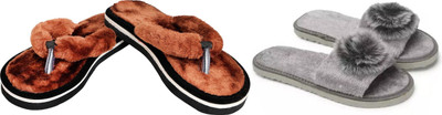 rexizone Women Flip Flops(Brown, Grey , 5)