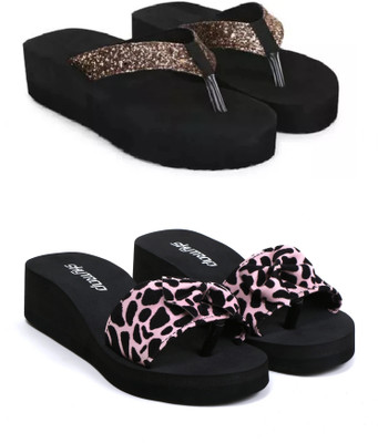 Skytrap Women Stylish Comfortable and Trending Medium Heel Flip Flops Combo of 2 Slippers(Gold, Pink , 7)