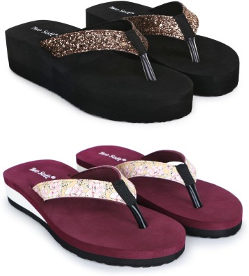 TWO SOFT Women Slippers(Gold, Maroon, Black , 5)