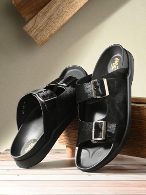 Hitz Black Leather Open Toe Slippers Men Flats(Black , 8)