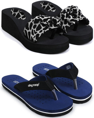 Skytrap Women Stylish Comfortable and Trending Ortho Doctor Flip Flops Combo of 2 Slippers(Black, Navy , 5)