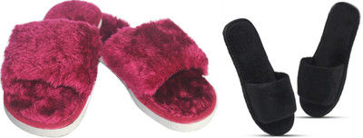 rexizone Women Flip Flops(Black, Maroon , 6)