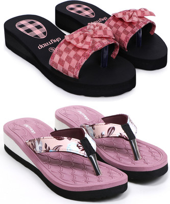 Feens Women Stylish and Comfortable Trending Super Soft Light Weight Flipflop Combo of 2 Slippers(Pink , 8)