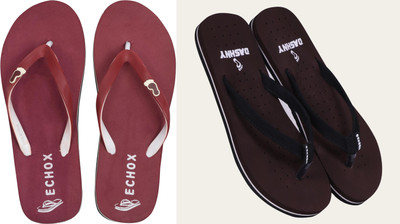 DASHNY Women Flip Flops(Brown, Maroon , 9)