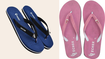 DASHNY Women Flip Flops(Blue, Pink , 7)