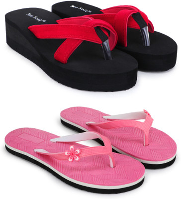 TWO SOFT Women Combo Pack Of 2 Women Slipper Stylish Casual Light & Soft Comfortable Daily Wear Flip Flops(Red, Pink , 8)