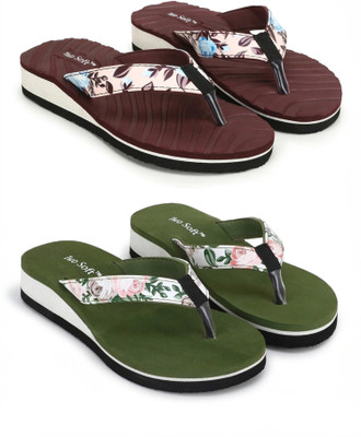 TWO SOFT Women Pack Of 2 Combo Stylish Extra Comfort Lightweight Dailywear Used Slippers(Maroon, Green , 6)