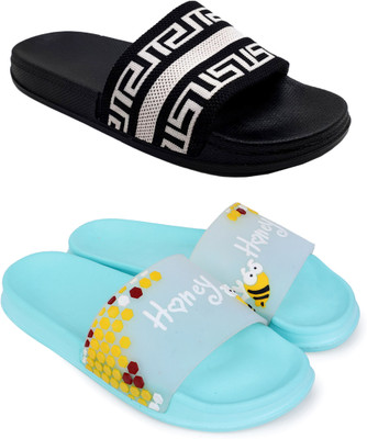 KAPYANSH Women Women Classic Trendy Flipflops, Slipper, Sliders, Chappal Combo Pack of 2 Slides(Black, Blue , 8)