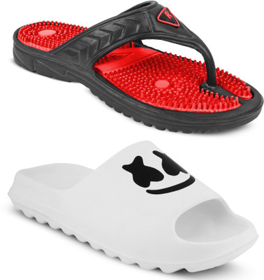 Keneye Men Men Combo of 2 Light Weight & Comfortable Slides(Red, White , 8)