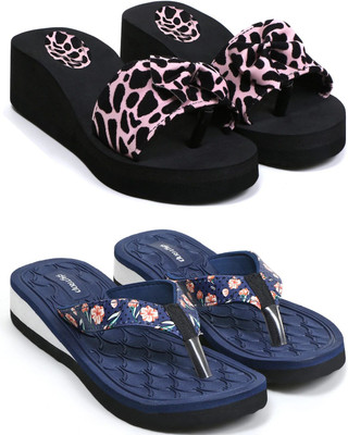 Skytrap Women Stylish Comfortable and Trending Printed Flip Flops Slide Combo of 2 Slippers(Pink, Blue , 8)