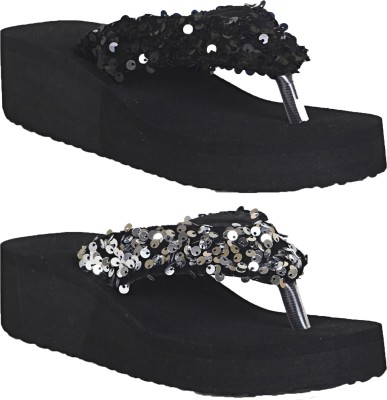 LoveHush Women Slippers(Black, Silver , 8)