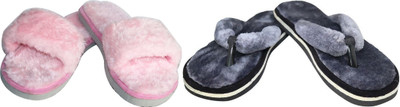 rexizone Women Flip Flops(Grey, Pink , 6)