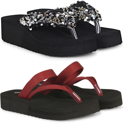 LoveHush Women Flip Flops(Maroon, Silver, Black , 5)