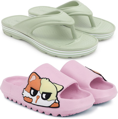 Kapani Fashion Women Women Combo Pack of 2 Lightweight Flipflops, Slipper, Slides (Green, Pink , 7) Slides(Green, Pink , 7)