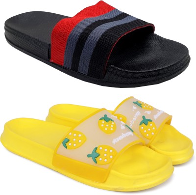 KAPYANSH Women Slides(Black, Yellow , 4)