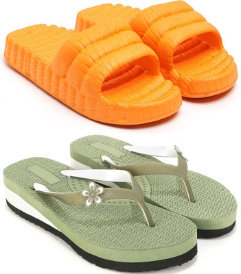 Skytrap Women Flip Flops(Orange, Green , 8)