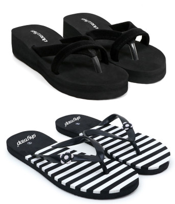 Skytrap Women Stylish Comfortable and Trending Cross Strap Flip Flop Combo of 2 Slippers(Black , 5)