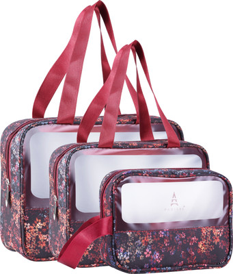 Rhydin Set of 3 Multipurpose Wash Bags with Transparent Window & Zipper Closure Travel Toiletry Kit(Red, White)