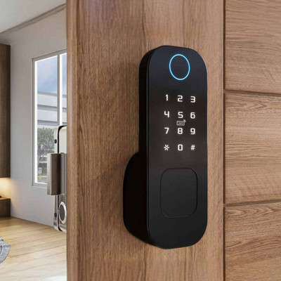 OZONE Fingerprint, RFID Card, Password Access, Mobile App Control, Voice-Guided Operation, Anti-Theft System, 20-65mm Door Thickness, Black Smart Door Lock