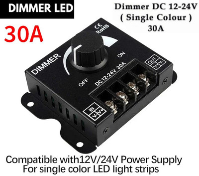BALRAMA DC 12V/24V 30A Adjustable Dimmer Switch PWM Dimming Controller Single LED Strip 100 Watts PSU(Black)