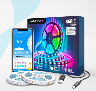 AuraStrips Smart RGBIC LED Strip with App Control, Music Sync, Compatible with Alexa (5M) Light Strip