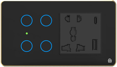 HomeMate Smart Touch Switch Panel | 4 Switch & 1 Socket with Quick Charge USB's(Black)