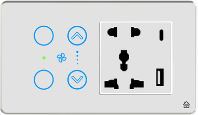 HomeMate Smart Touch Switch Panel | 2 Switch, 1 Fan & 1 Socket with Quick Charge USB's(White)