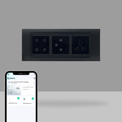 AZIOT 6 Module Switch Board Plate | Smart 4 Touch, Fan Touch SW & Socket Smart Switch(Black)