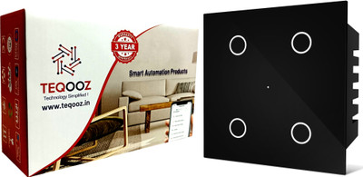 TEQOOZ 4-Touch WiFi Switch (Black) | Smart Life, Alexa, Google, Siri | Glass Finish | Smart Switch(Black)