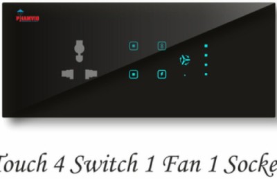 Phamvio 4 gang with 1 fan & 1 Socket Touch Panel Switch (1 Heavy & 2Way)-6M Size Smart Switch(Black, White)