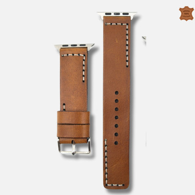 ZINOSKINS Leather Straps L Style Stitch TAN Color 42mm/44mm/45mm/49mm Band with Satinless Steel Buckle Closure Tan Color Smart Watch Strap(Brown)