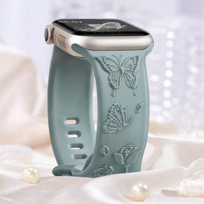 LORENZ 3D Engraving Floral pattern 42/44/45/49 MM iwatch Smart Watch Strap(Green)