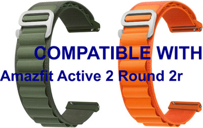 ACM WSM17E20GROR3908 Pack of 2 Watch Strap Nylon Hook Belt 20mm for Amazfit Active 2 Round 2r Smartwatch (Green/Orange) Smart Watch Strap(Mullti Color)