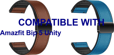 ACM WSM28P22BRBL3646 Pack of 2 Watch Strap Leather Magnetic Silicone 22mm for Amazfit Bip 5 Unity Smartwatch (Brown/Blue) Smart Watch Strap(Mullti Color)