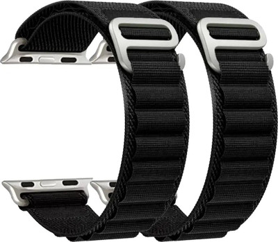 Skymac Soft Nylon Textile Woven Alpine Loop Strap Belt for iWatch Series 8/7/6/5/4/SE (42/44/45/46/49mm) With Metal G Hook [Watch NOT Included] [PACK OF 2] Smart Watch Strap(Black)