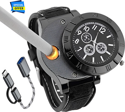 Foxne Point Cigarette Lighter Rechargeable With Mini OTG 2 in 1 USB Cable Micro USB Type C Cigarette Lighter Watch, USB Rechargeable Sporty Wristwatch Cigarette Lighter, USB Hub(Black, Grey)