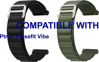 ACM WSM17E20BKGR5024 Pack of 2 Watch Strap Nylon Hook Belt 20mm for Ptron Pulsefit Vibe Smartwatch (Black/Green) Smart Watch Strap(Mullti Color)