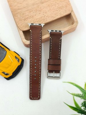 ZINOSKINS Leather Straps Full Stitch Style TAN 42mm/44mm/45mm/49mm Band with Satinless Steel Buckle Closure Tan Color Smart Watch Strap(Brown)