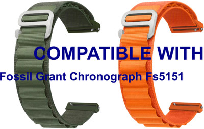 ACM WSM17E22GROR4035 Pack of 2 Watch Strap Nylon Hook Belt 22mm for Fossil Grant Chronograph Fs5151 (Green/Orange) Smart Band Strap(Mullti Color)