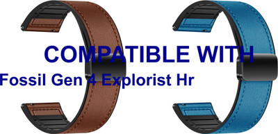 ACM WSM28P22BRBL1047 Pack of 2 Watch Strap Leather Magnetic Silicone 22mm for Fossil Gen 4 Explorist Hr Smartwatch (Brown/Blue) Smart Watch Strap(Mullti Color)