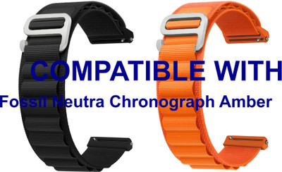 ACM WSM17E22BKOR1056 Pack of 2 Watch Strap Nylon Hook 22mm for Fossil Neutra Chronograph Amber Smartwatch (Black/Orange) Smart Watch Strap(Mullti Color)