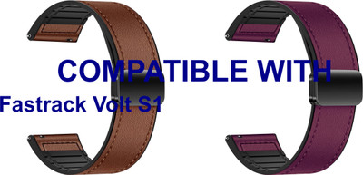 ACM WSM28P22BRPU3658 Pack of 2 Watch Strap Leather Magnetic Silicone 22mm for Fastrack Volt S1 Smartwatch (Brown/Purple) Smart Watch Strap(Mullti Color)