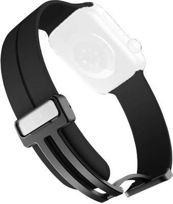 CellFAther Magnetic Folding Clasp Soft Silicone Replacement Band Straps for iWatch All Series (49mm, 45mm, 44mm, 42mm) Smart Watch Strap(Black)