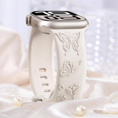 LORENZ 3D Engraving Floral pattern 42/44/45/49 MM iwatch Smart Watch Strap(White)