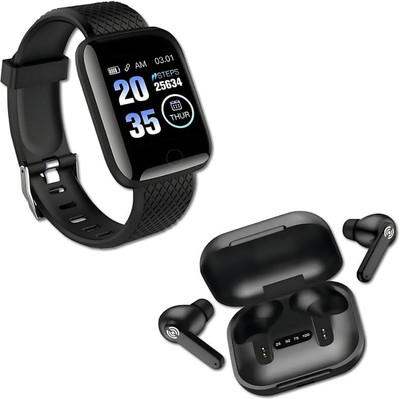 Elevea TWS Bluetooth 5.1 Earphone Earbuds 15 YEARS WARRANTY Smartwatch(Black Strap, M)