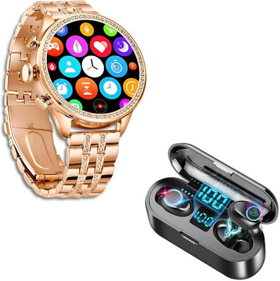 Elevea F9 Wireless Noise Cancelling TWS in Ear Earbuds 15 YEARS WARRANTY Smartwatch(Gold Strap, M)